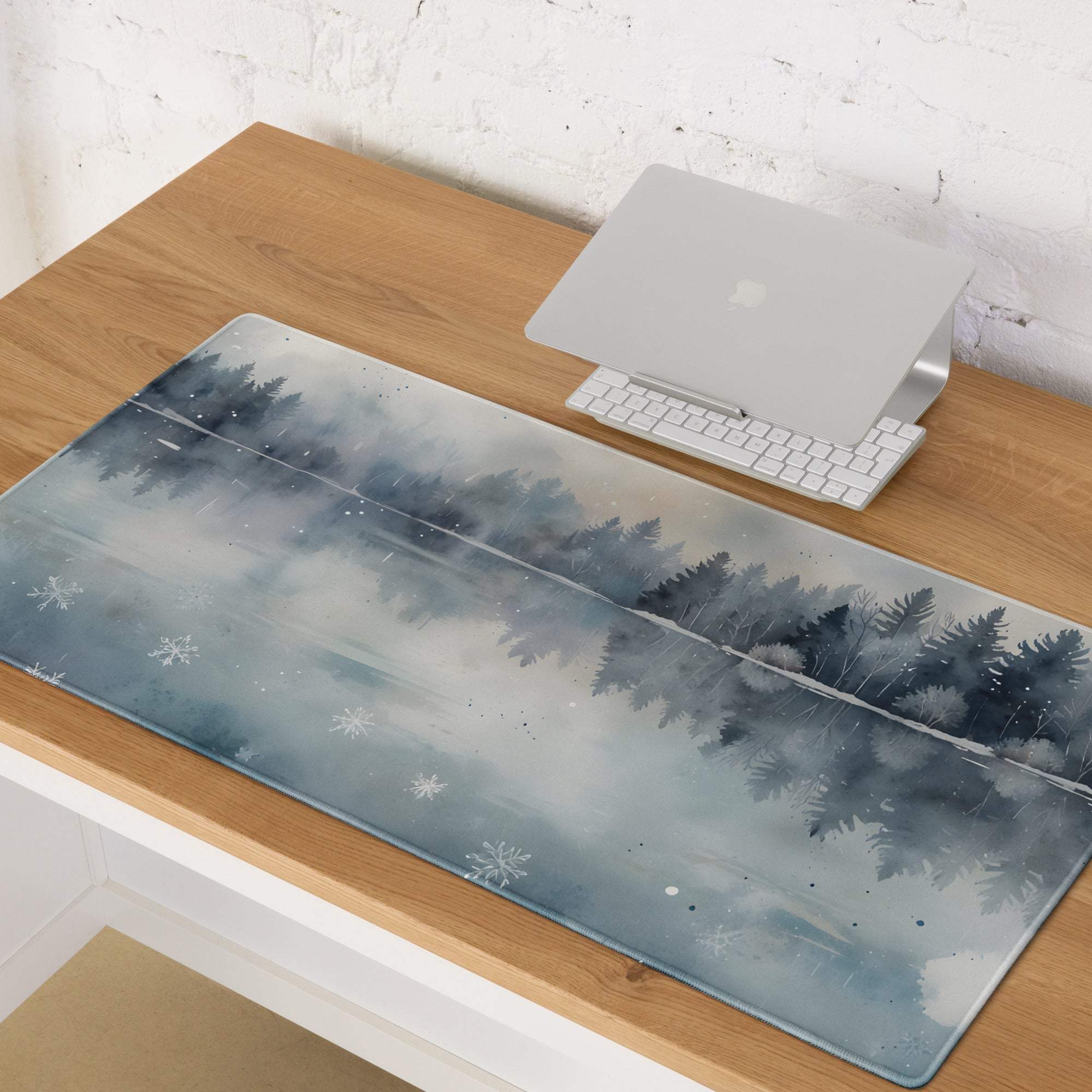 Watercolor winter forest lake gaming mouse pad with non-slip base