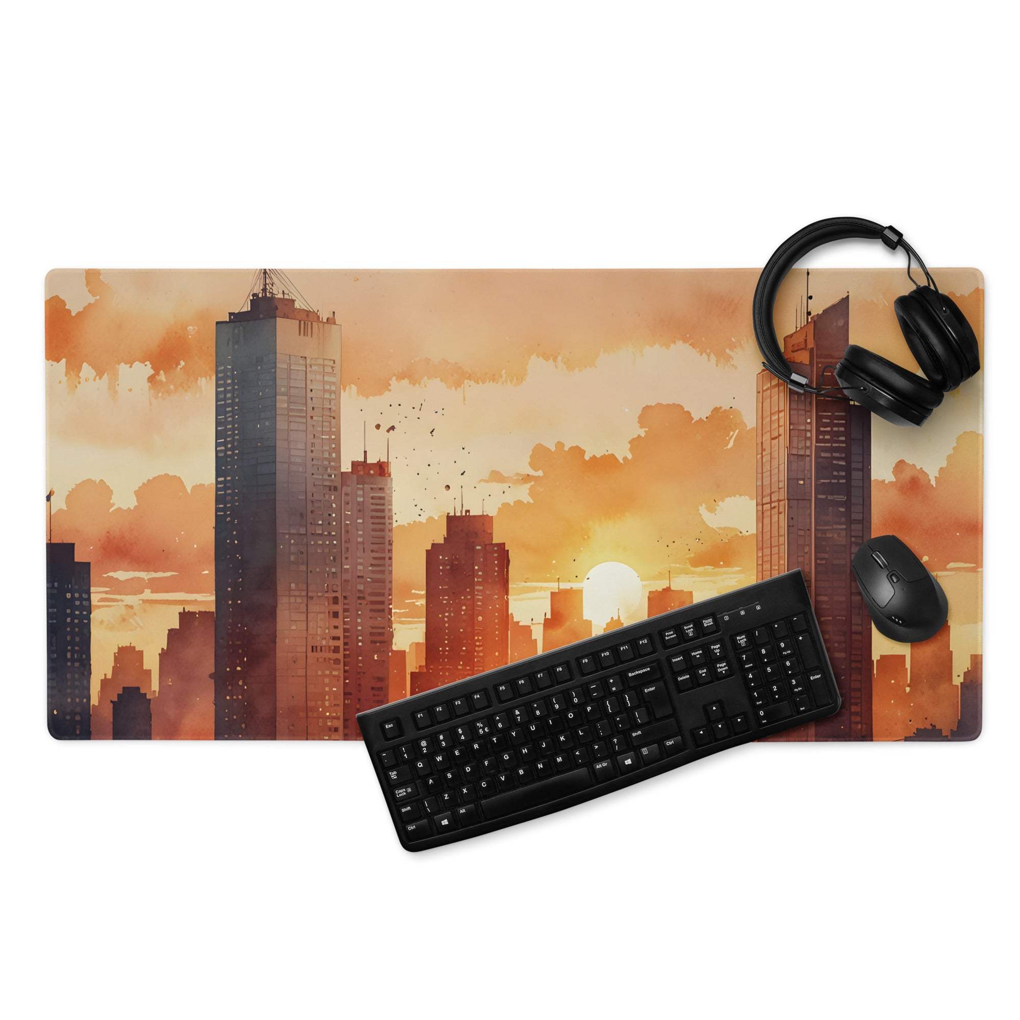 Large urban sunset cityscape gaming mouse pad with orange hue watercolor design