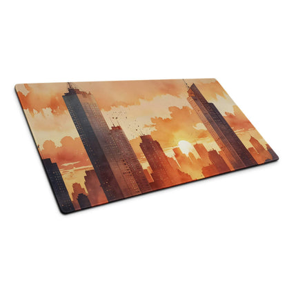 Large urban sunset cityscape gaming mouse pad in warm orange hue