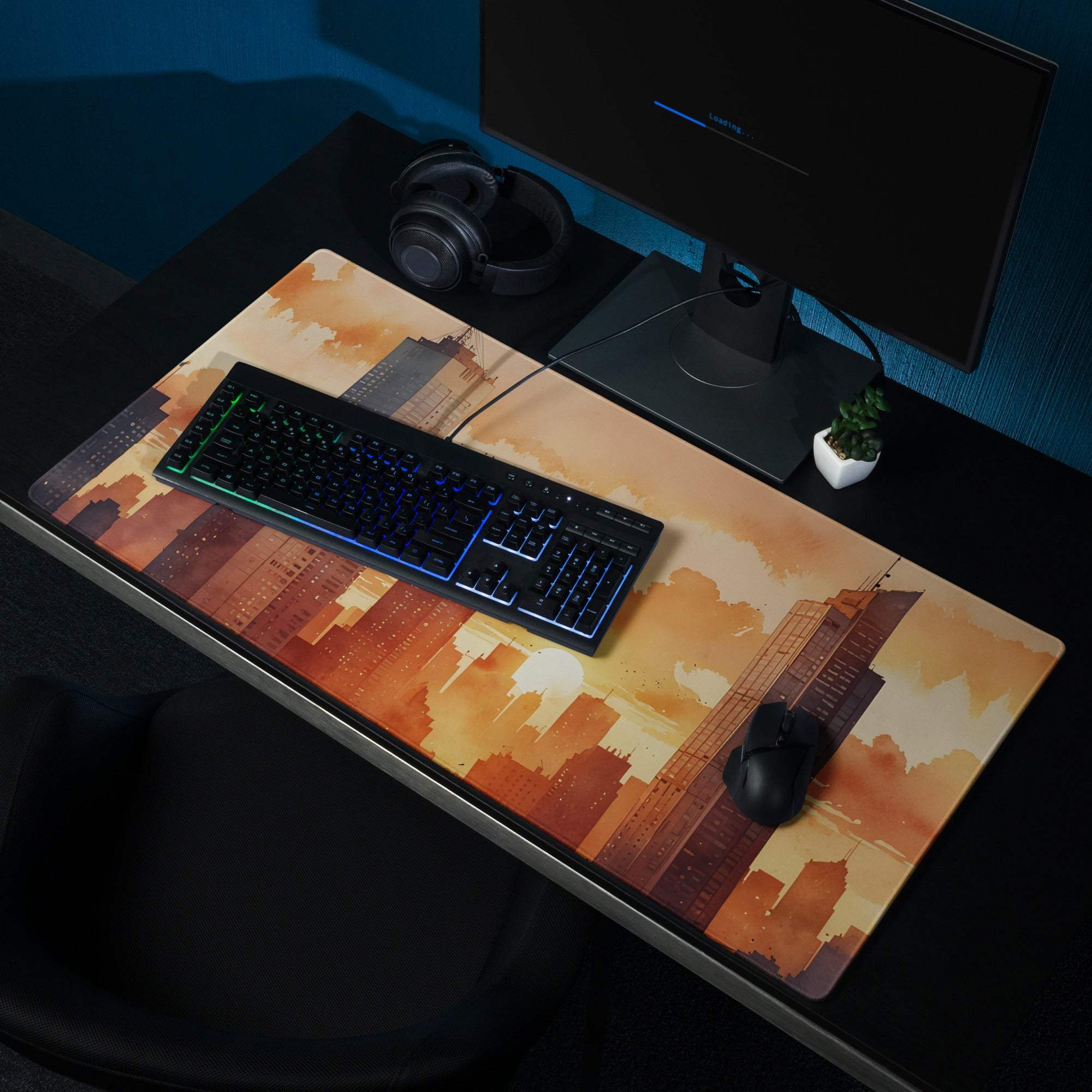 Urban sunset cityscape gaming mouse pad warm orange brown large non-slip