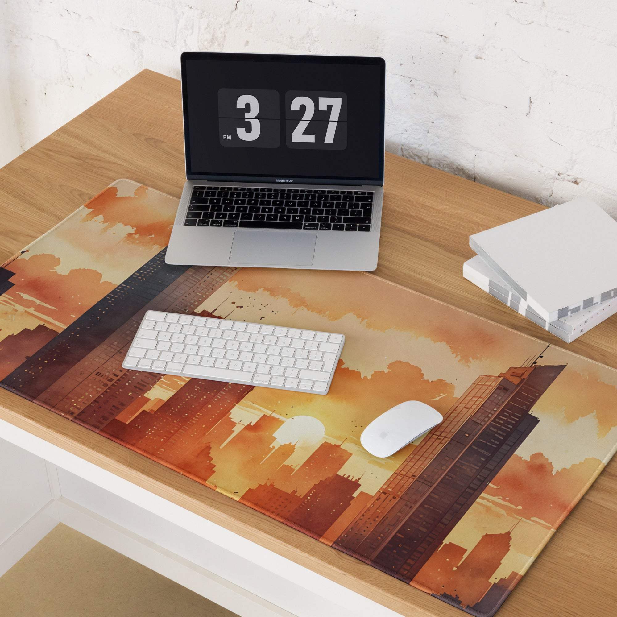 Urban sunset cityscape gaming mouse pad in warm orange hue large size