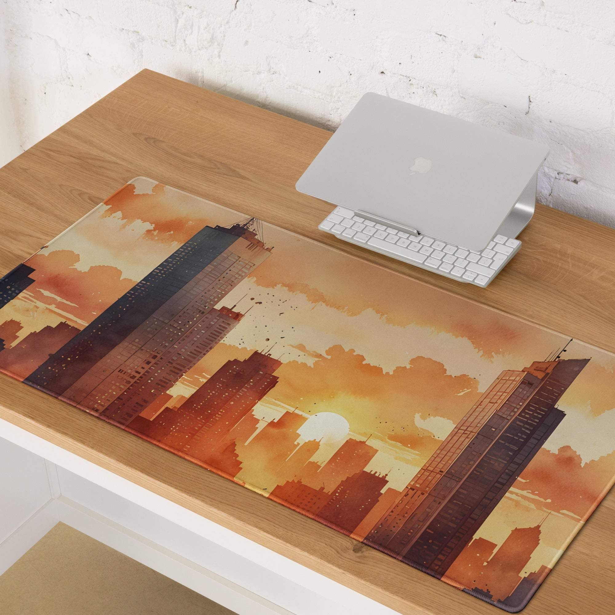 Urban sunset cityscape gaming mouse pad in warm orange hue, large non-slip