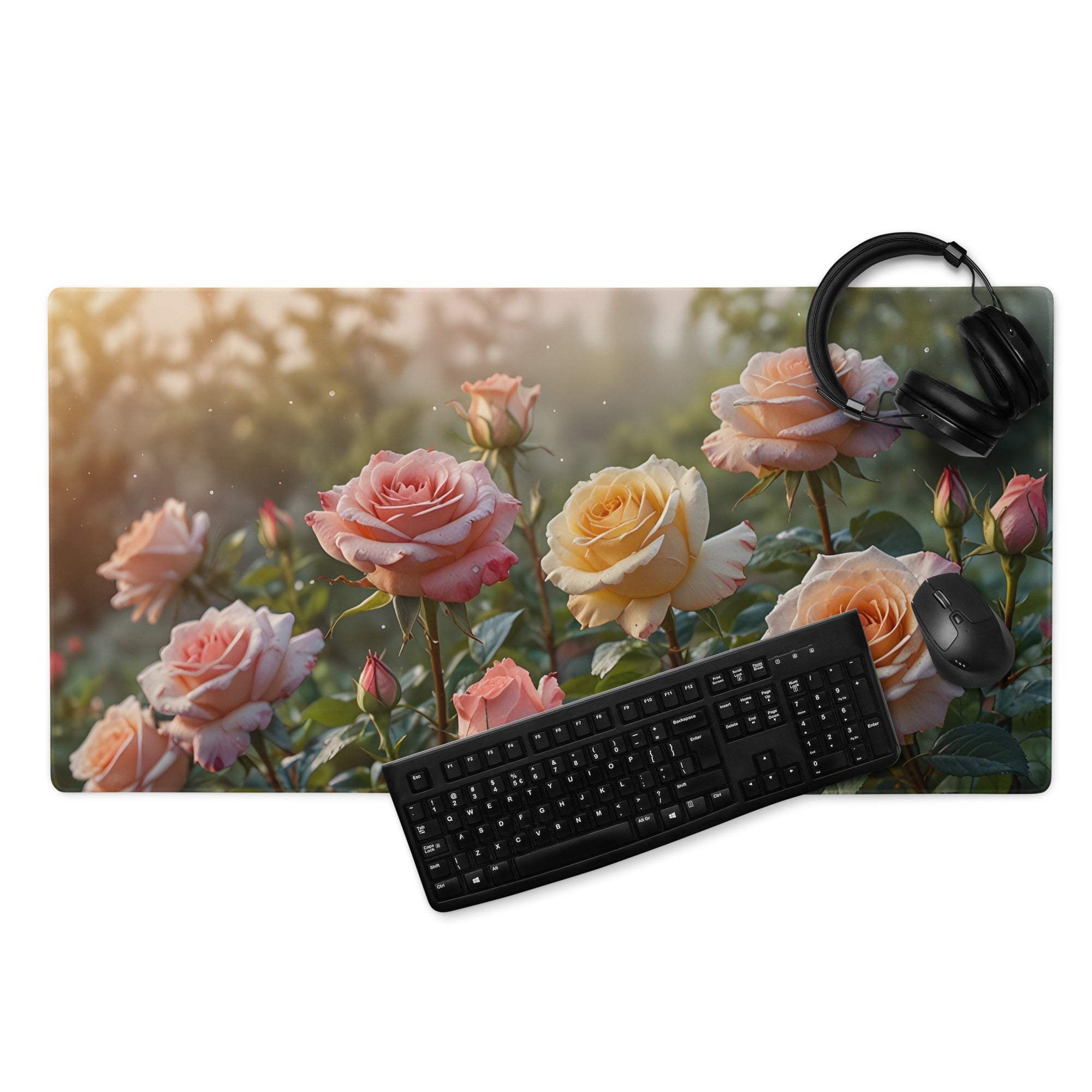 Soft floral rose garden gaming mouse pad with pink roses, headphones, non-slip base
