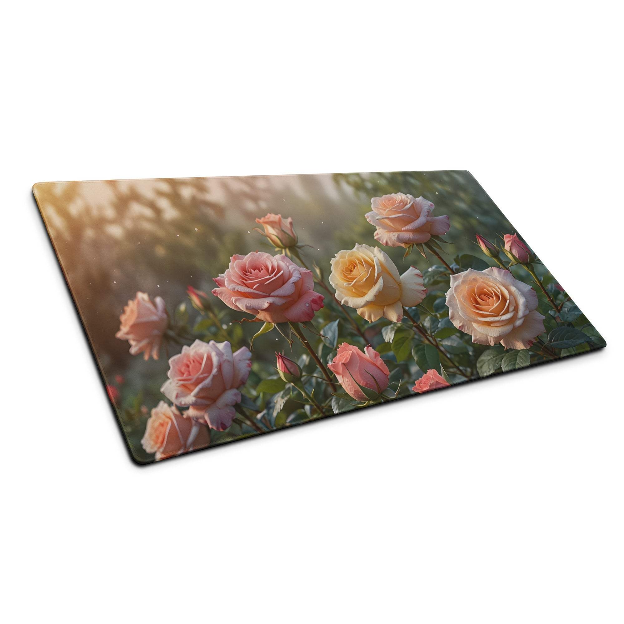 Vibrant pink peach rose garden print on large gaming mouse pad with non-slip base