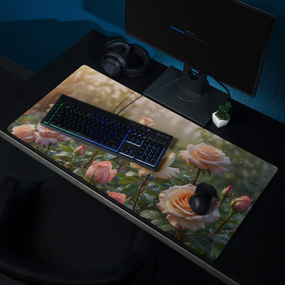 Large soft floral rose garden gaming mouse pad with pink peach roses, non-slip base