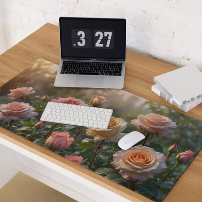Large soft floral rose garden gaming mouse pad with pink roses, non-slip base