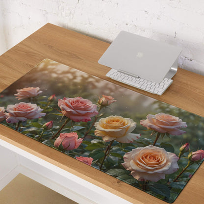 Large soft floral rose garden gaming mouse pad with pink peach roses, non-slip base, stitched edges