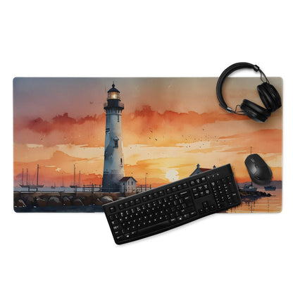 Coastal sunset lighthouse watercolor gaming mouse pad, large non-slip