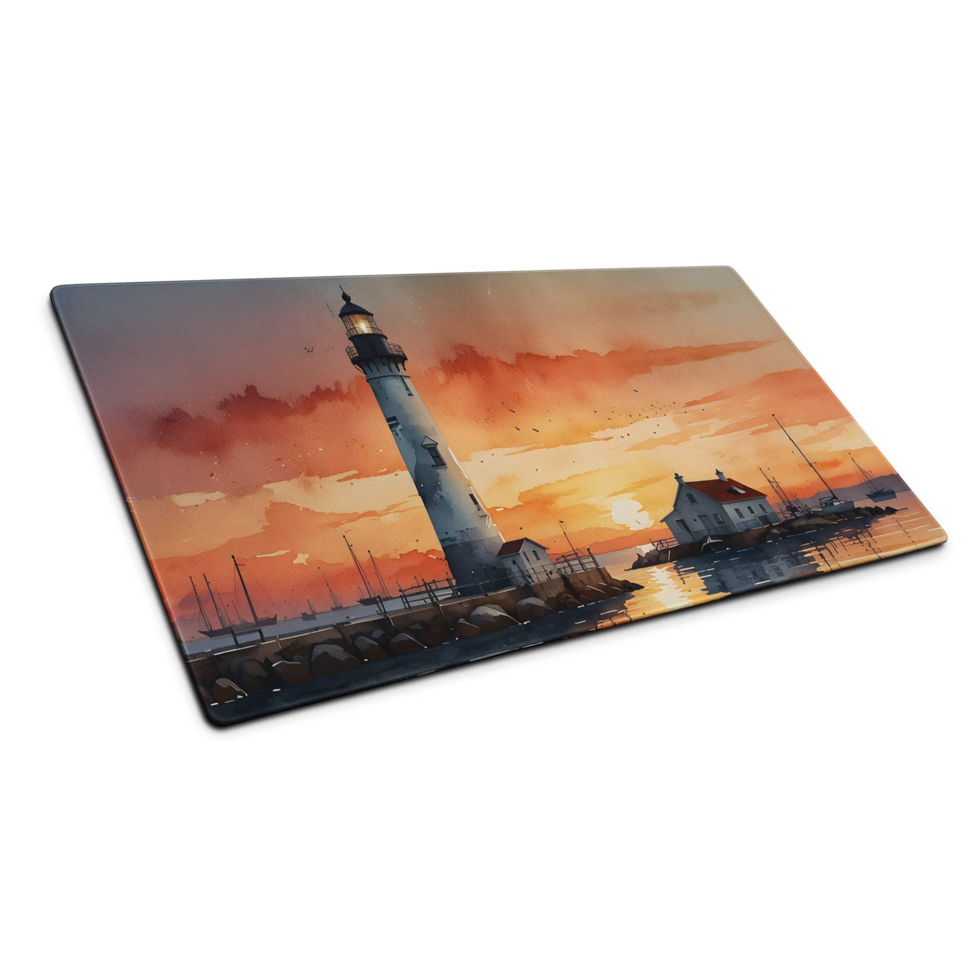 Coastal sunset lighthouse glass cutting board with harbor scene