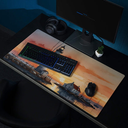 Coastal sunset lighthouse gaming mouse pad with non-slip base