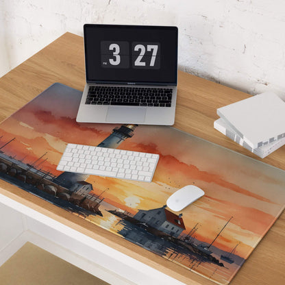 Coastal sunset lighthouse gaming mouse pad with harbor scene