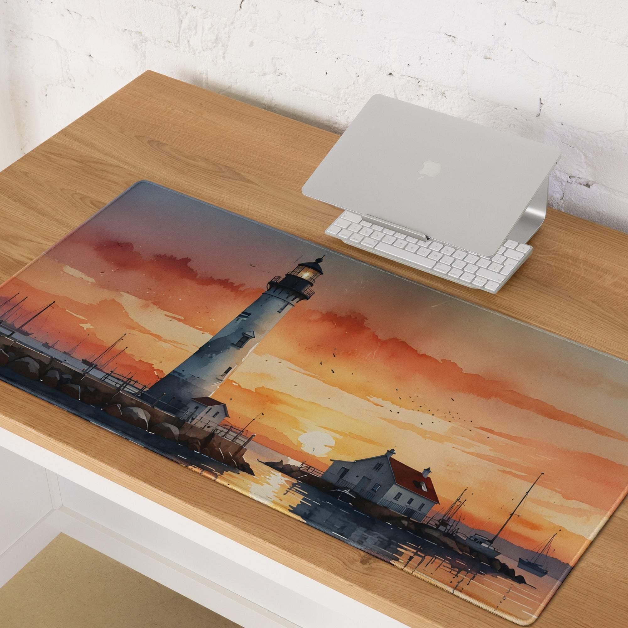 Coastal sunset lighthouse watercolor mousepad with non-slip base