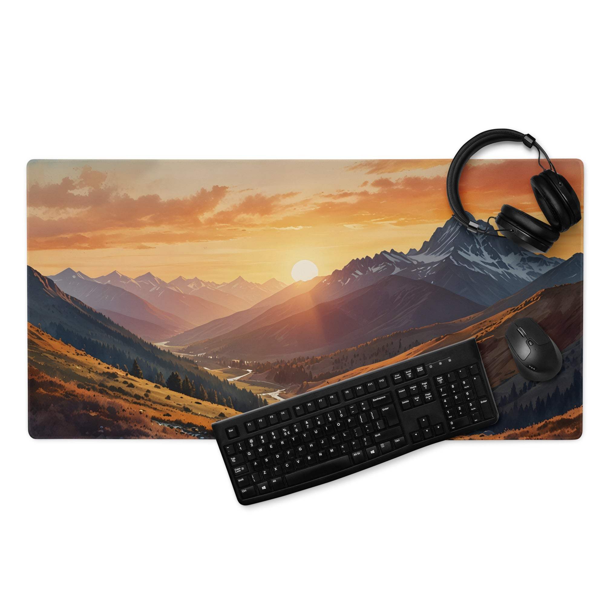 Sunset mountain range gaming mouse pad with non-slip base and stitched edges