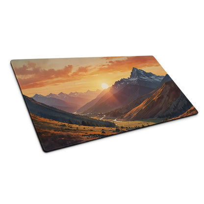 Large sunset mountain gaming mouse pad with non-slip base and stitched edges