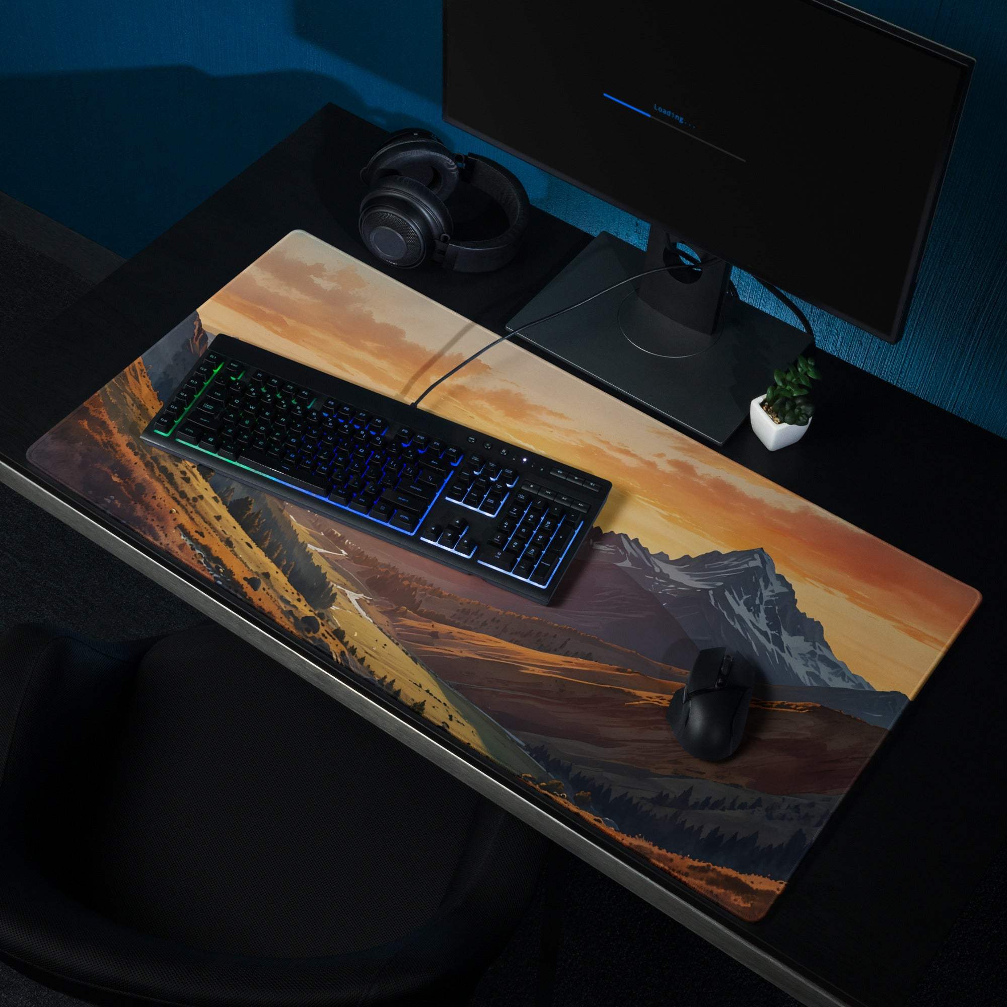 Sunset Mountain Range gaming mouse pad with large size, non-slip base, stitched edges