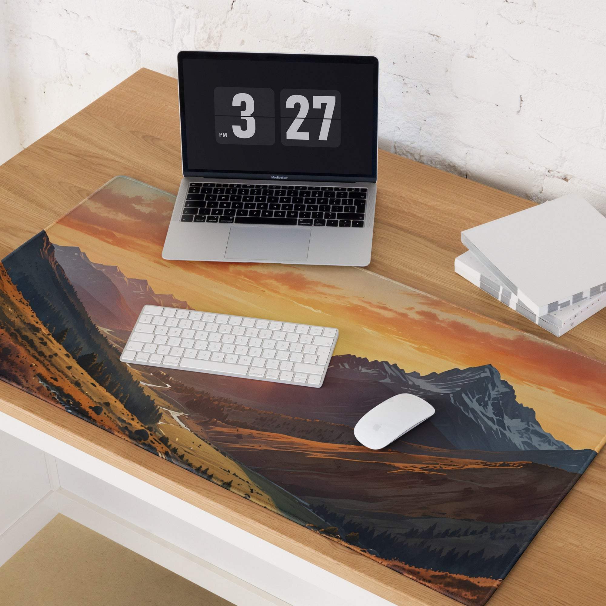 Sunset mountain range gaming mouse pad with non-slip base and stitched edges