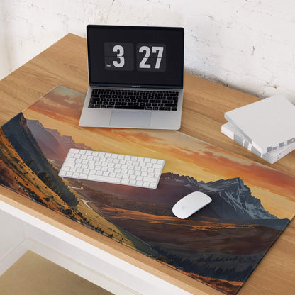 Sunset mountain range gaming mouse pad with non-slip base and stitched edges