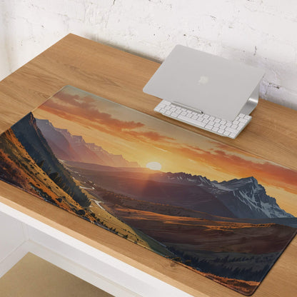 Vibrant sunset mountain range gaming mouse pad with non-slip base