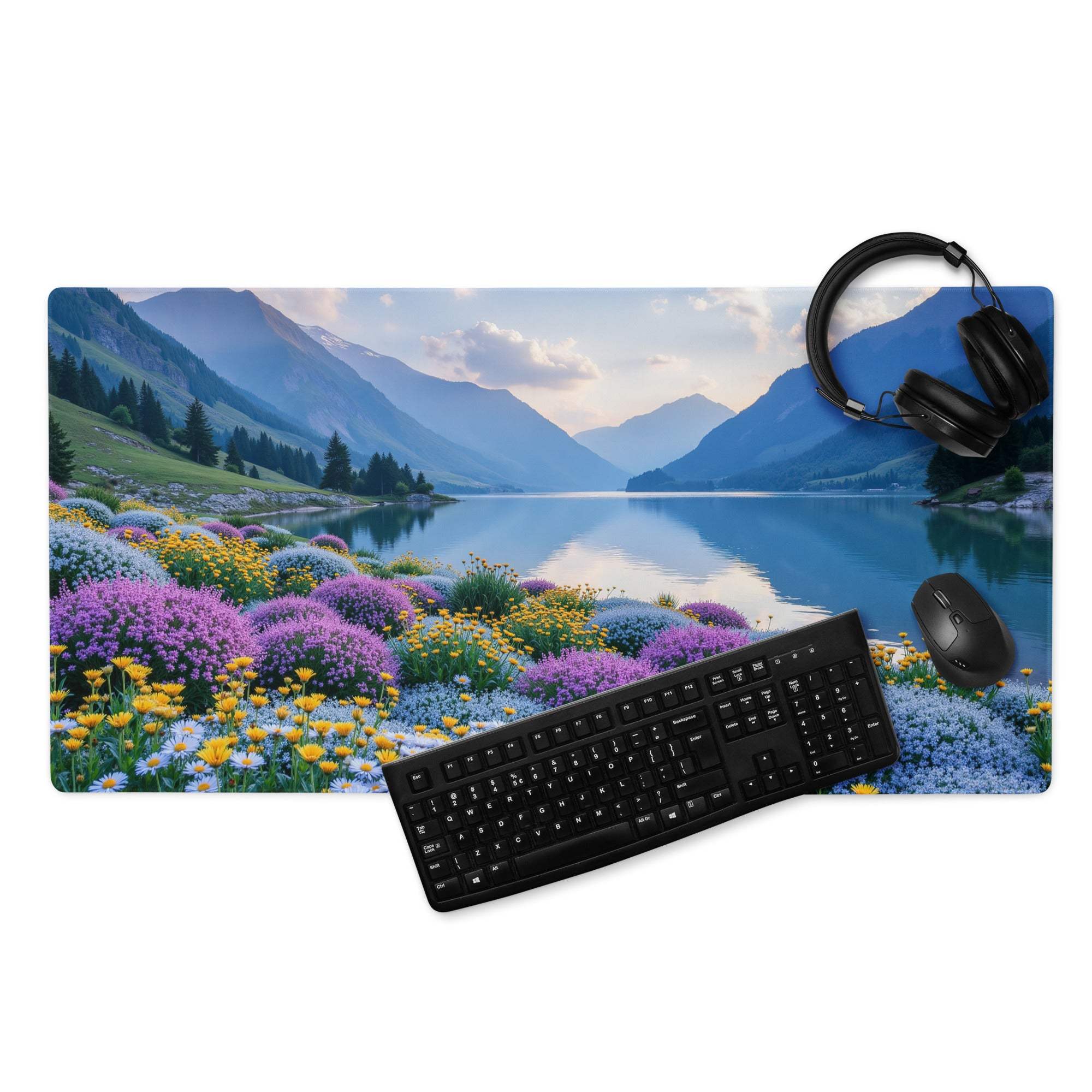 Serene mountain lake gaming mouse pad with vibrant flower field