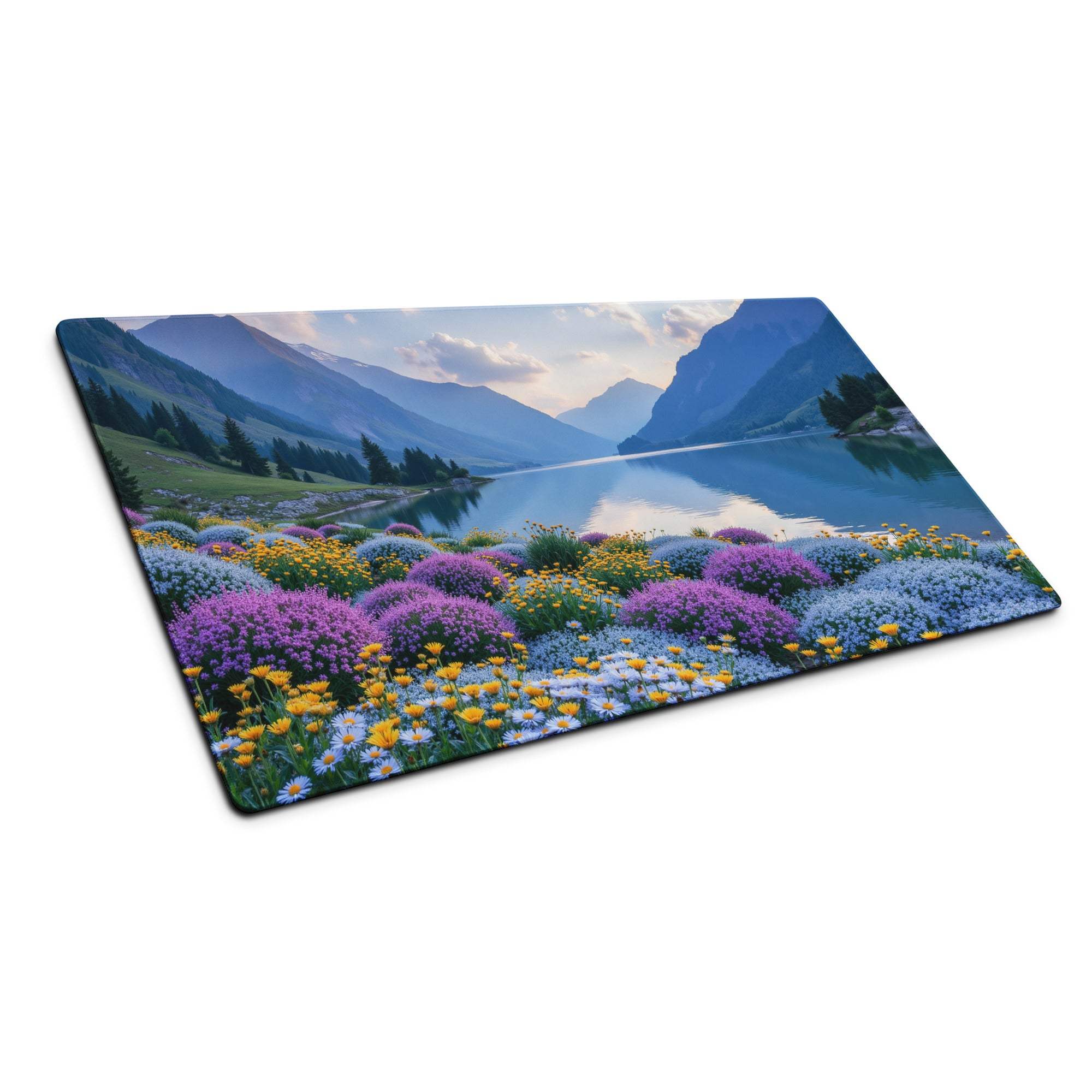 Serene mountain lake mouse pad with vibrant wildflowers and non-slip backing