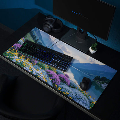 Serene mountain lake gaming mouse pad with vibrant purple flowers and non-slip backing