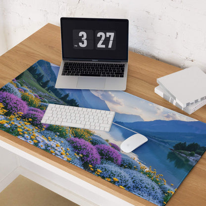 Serene mountain lake gaming mouse pad with vibrant purple yellow blue flowers and non-slip backing