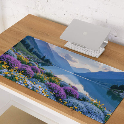 Serene mountain lake gaming mouse pad with vibrant purple yellow flowers, non-slip backing
