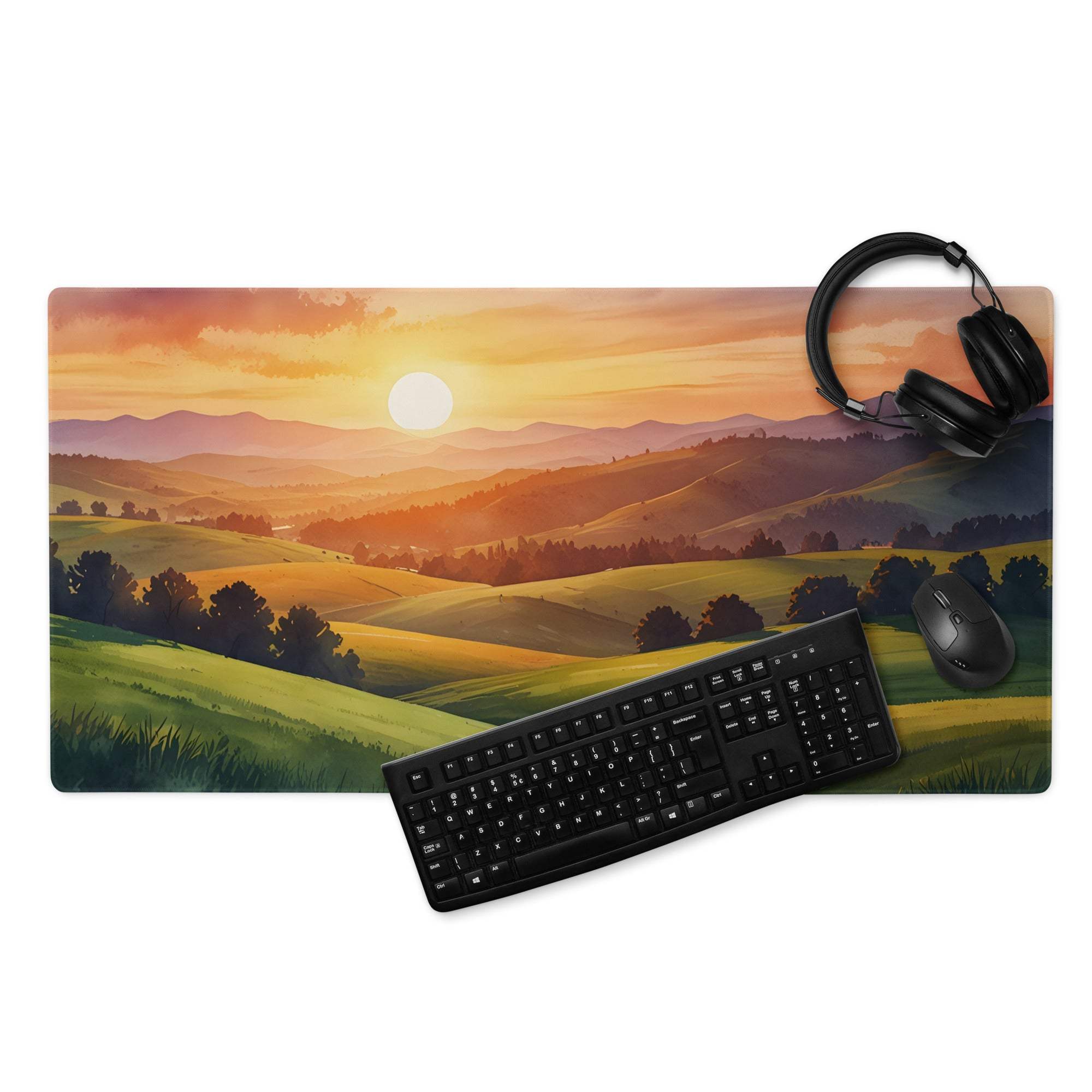Impressionist sunset gaming mouse pad with golden hour hills