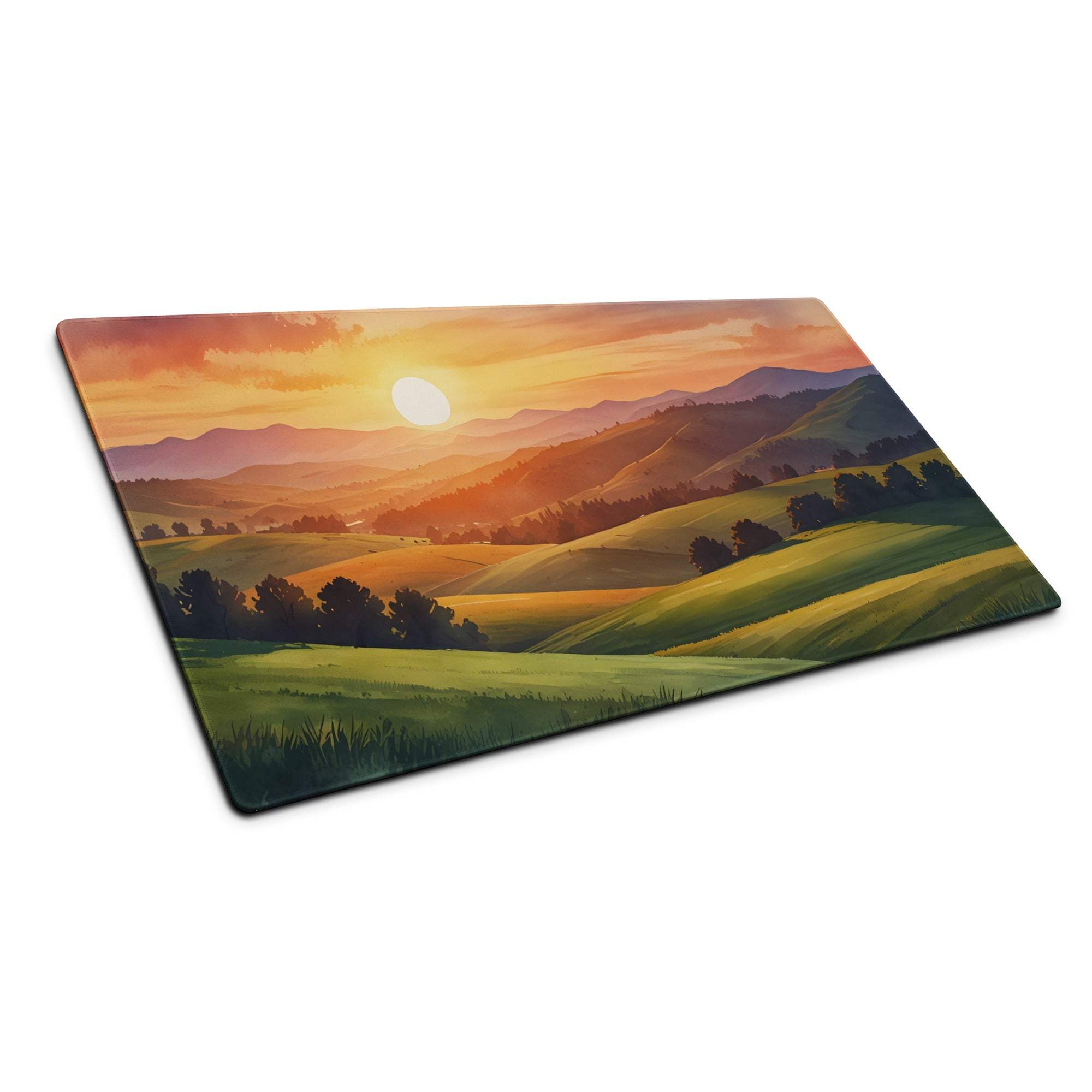 Impressionist sunset gaming mouse pad with hills, orange skies, mountains