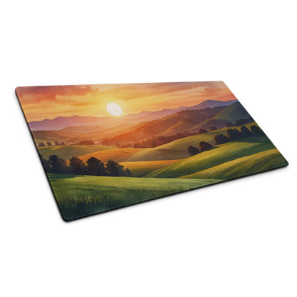 Impressionist sunset gaming mouse pad with hills, orange skies, mountains