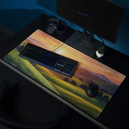 Impressionist sunset gaming mousepad with golden hour hills and trees