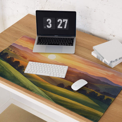 Impressionist sunset gaming mouse pad with hills, skies, trees