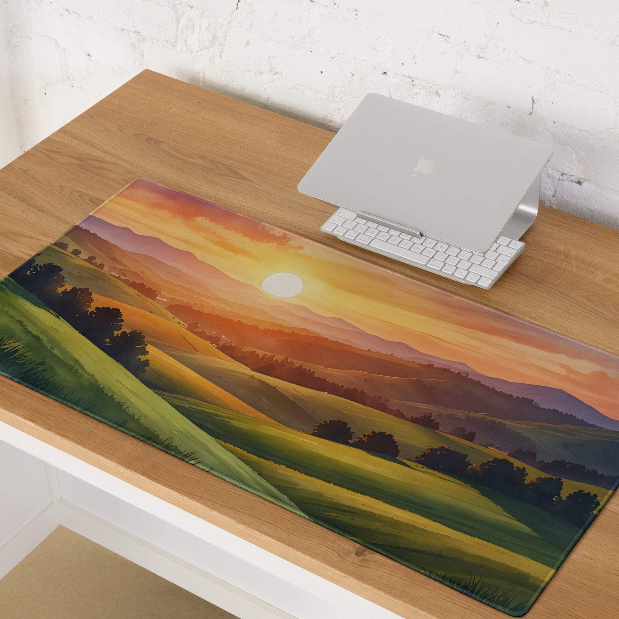 Impressionist sunset gaming mousepad with golden hour hills and mountains