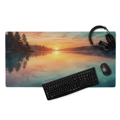 Vibrant lake sunset gaming mouse pad with serene orange teal hues