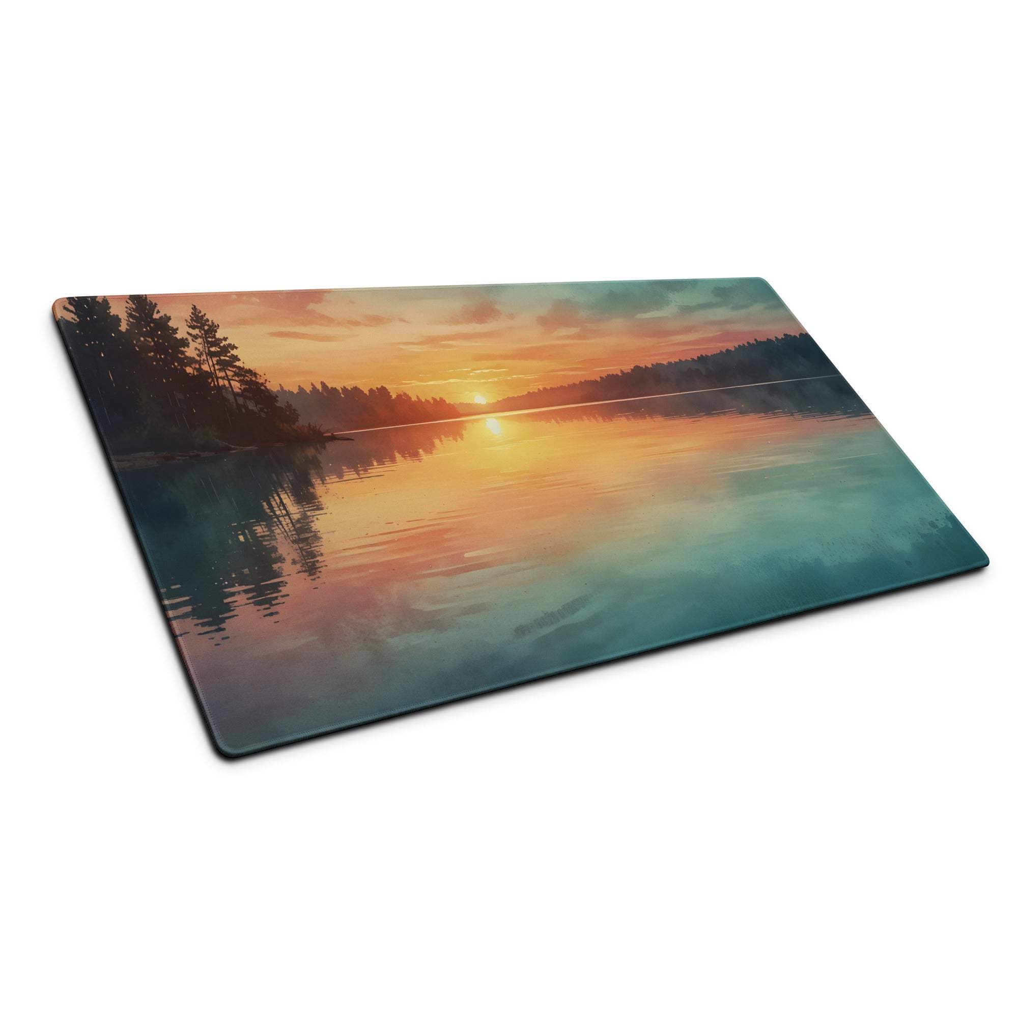 Vibrant lake sunset gaming mouse pad with serene water silhouette in orange teal hues