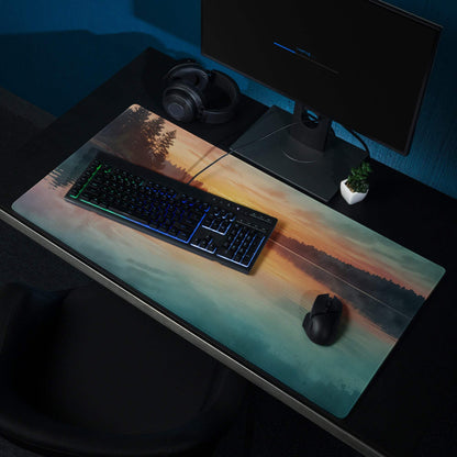 Vibrant lake sunset gaming mouse pad with silhouetted trees and non-slip backing