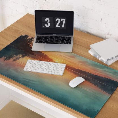 Vibrant lake sunset gaming mouse pad with orange-teal hues and non-slip backing