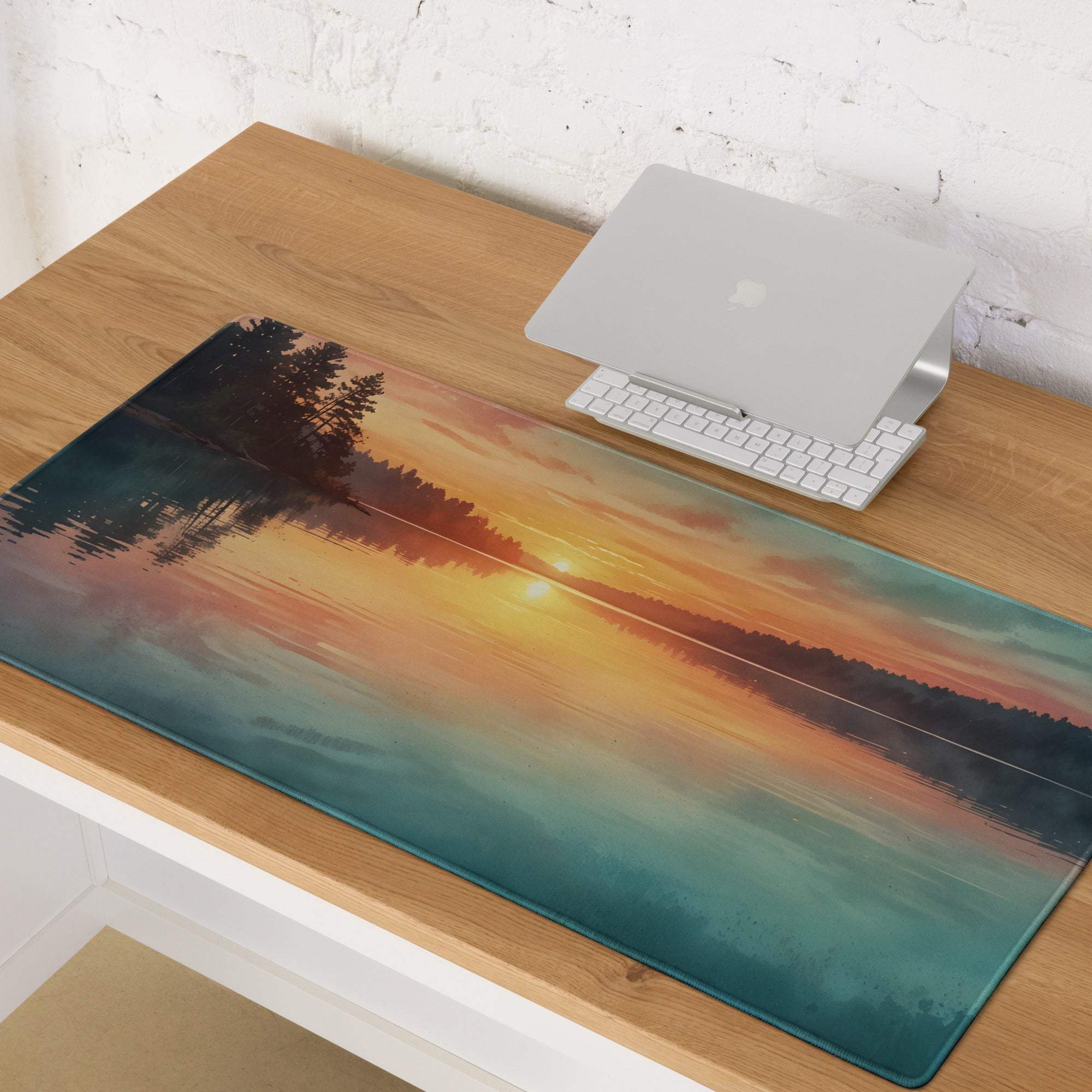 Vibrant lake sunset gaming mouse pad with serene water horizon and non-slip backing