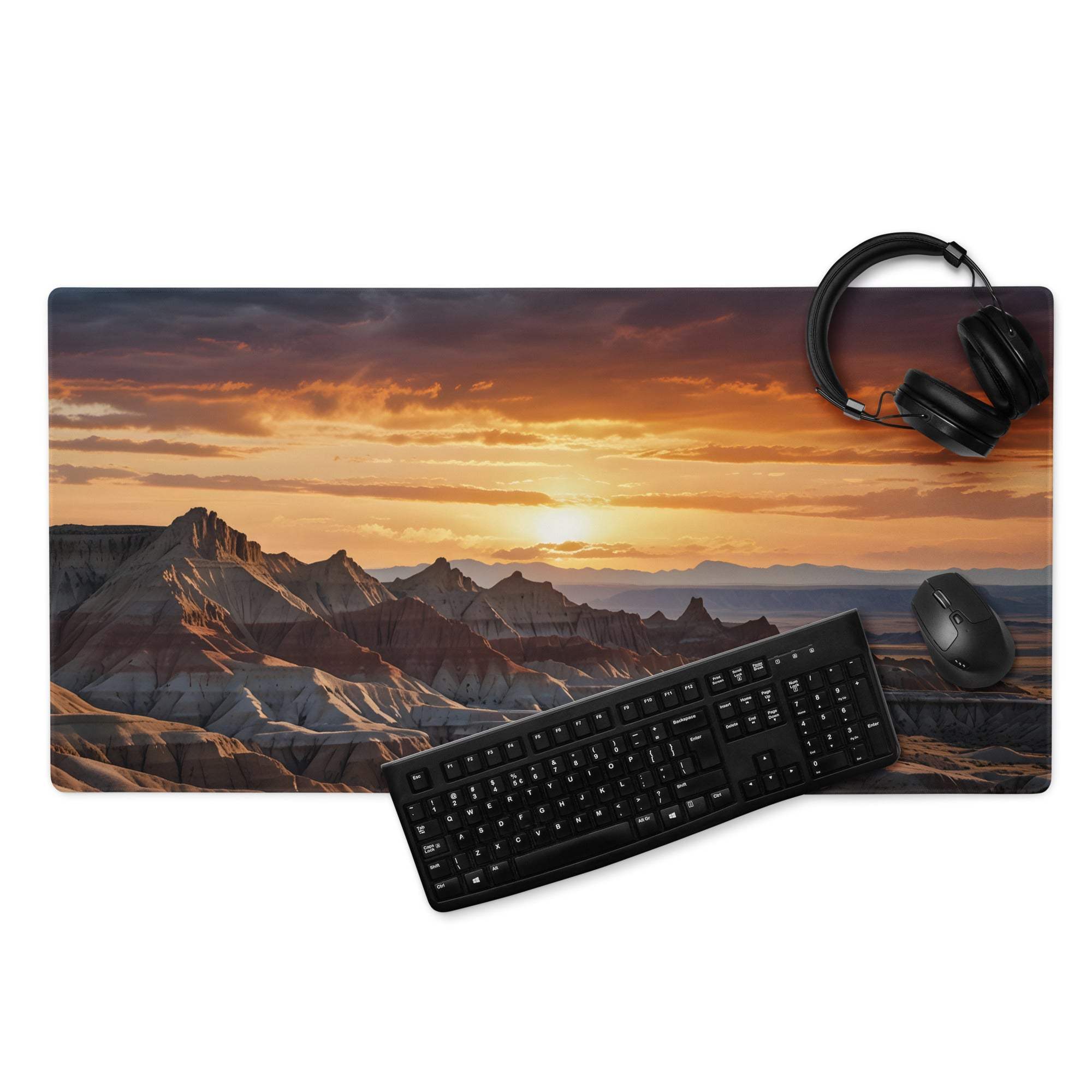 Desert Sunset large gaming mouse pad with vivid mountain sunset and non-slip base
