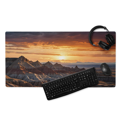 Desert Sunset large gaming mouse pad with vivid mountain sunset and non-slip base