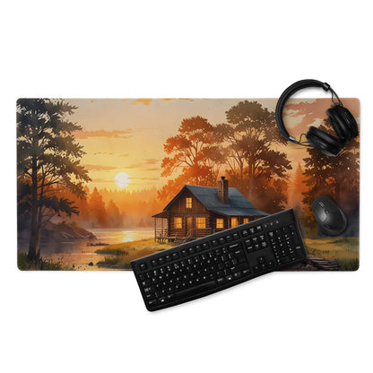 Large serene sunset cabin gaming mouse pad with non-slip backing