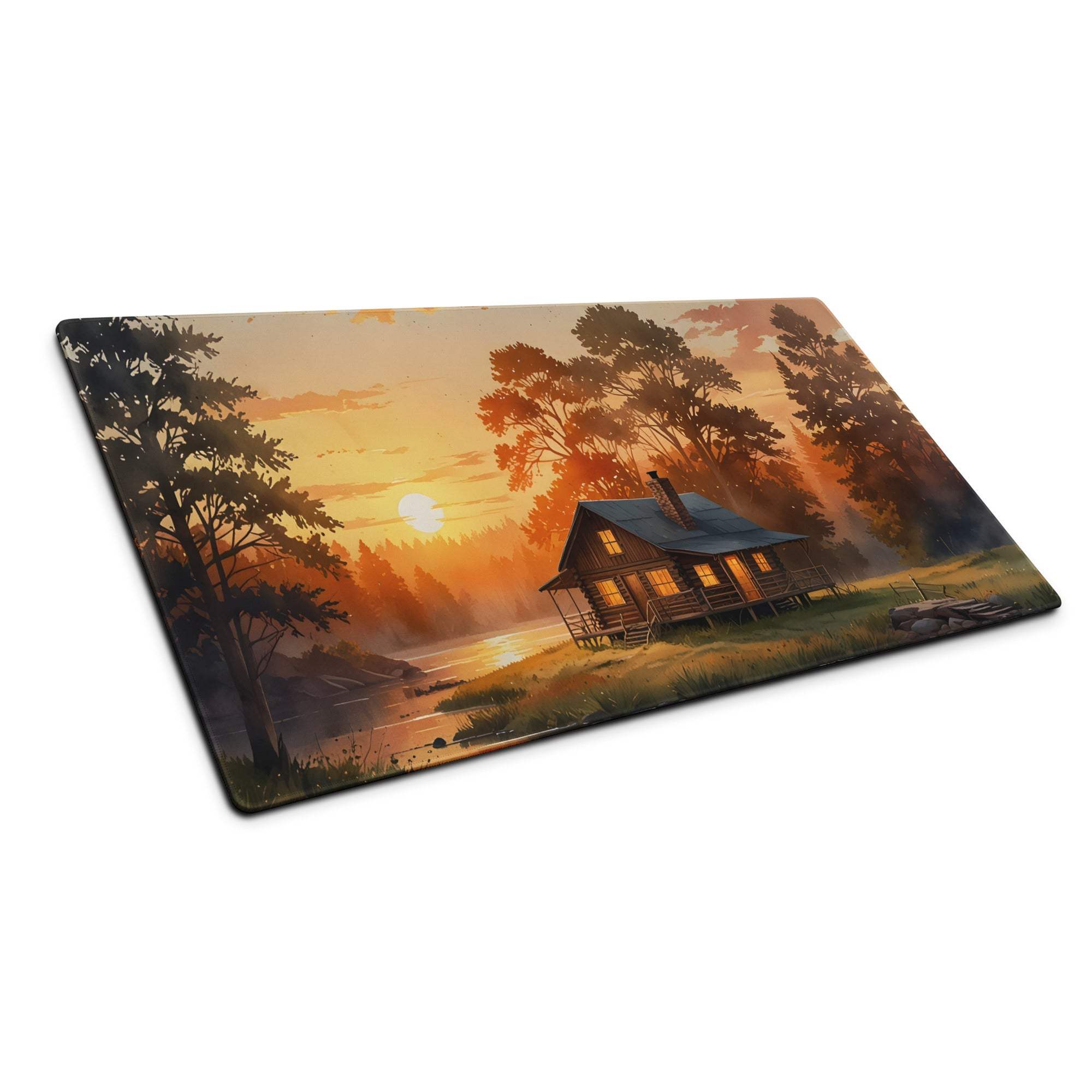 Serene sunset cabin landscape on large gaming mouse pad with non-slip backing