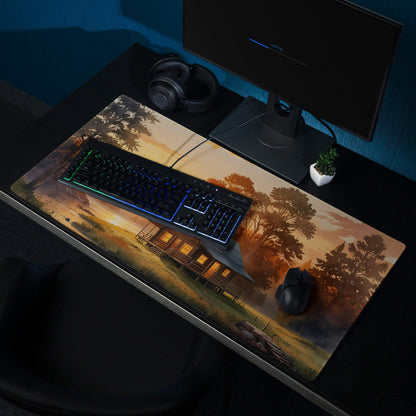 Large serene sunset cabin gaming mouse pad with non-slip backing