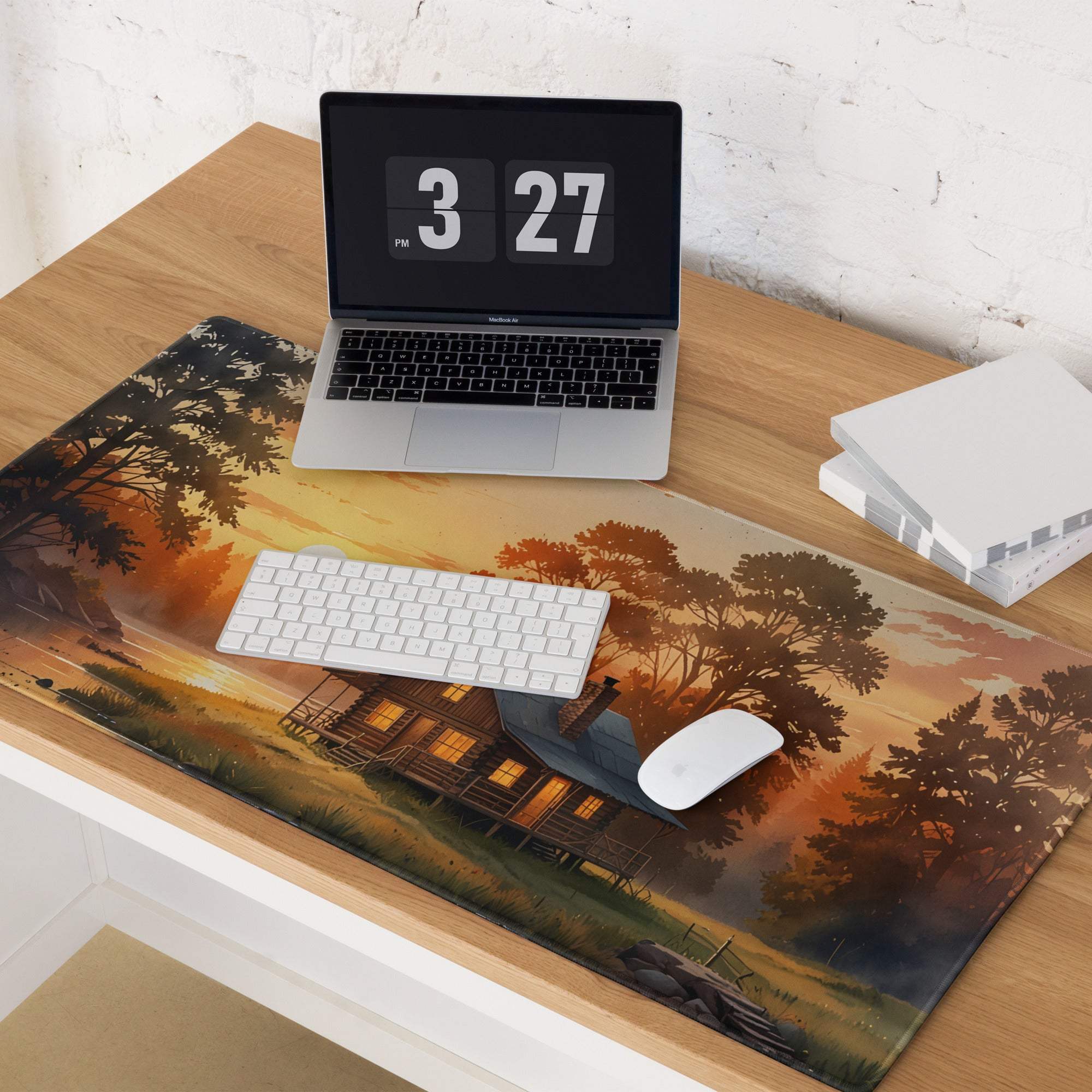 Serene sunset cabin gaming mouse pad with warm hues and non-slip backing