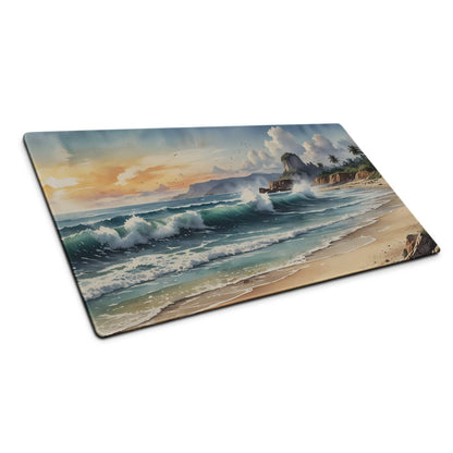 Vibrant ocean sunset watercolor beach scene on large gaming mouse pad