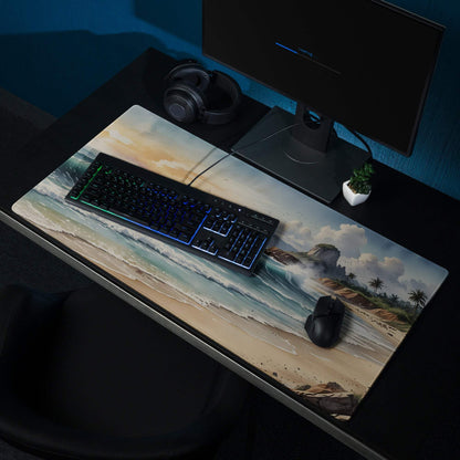 Vibrant ocean sunset gaming mouse pad with waves, sand, non-slip backing