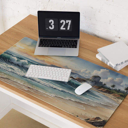 Vibrant ocean sunset gaming mouse pad with wave shore design and non-slip backing
