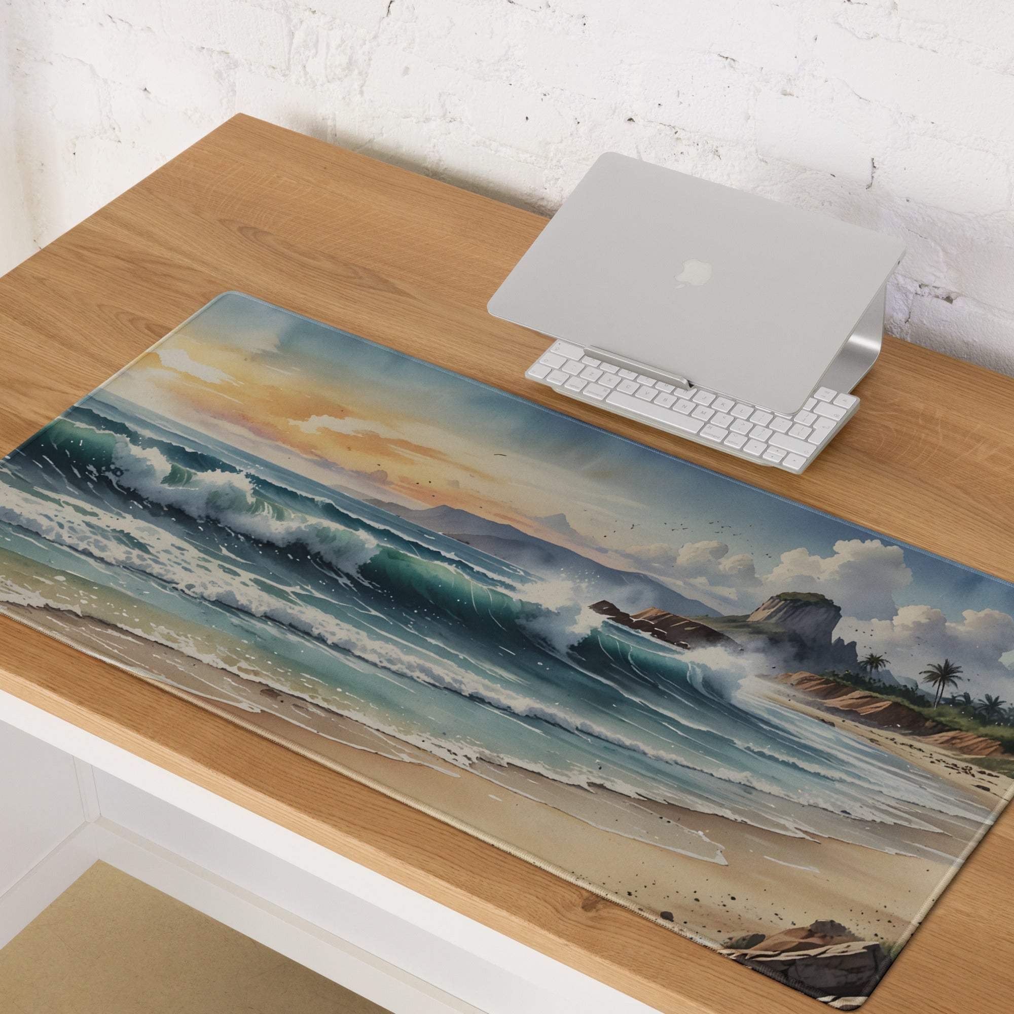Vibrant ocean sunset watercolor gaming mouse pad with crashing turquoise waves