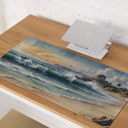 Vibrant ocean sunset watercolor gaming mouse pad with crashing turquoise waves