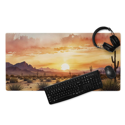 Desert Sunset Vibe large gaming mouse pad with orange mountains and non-slip base